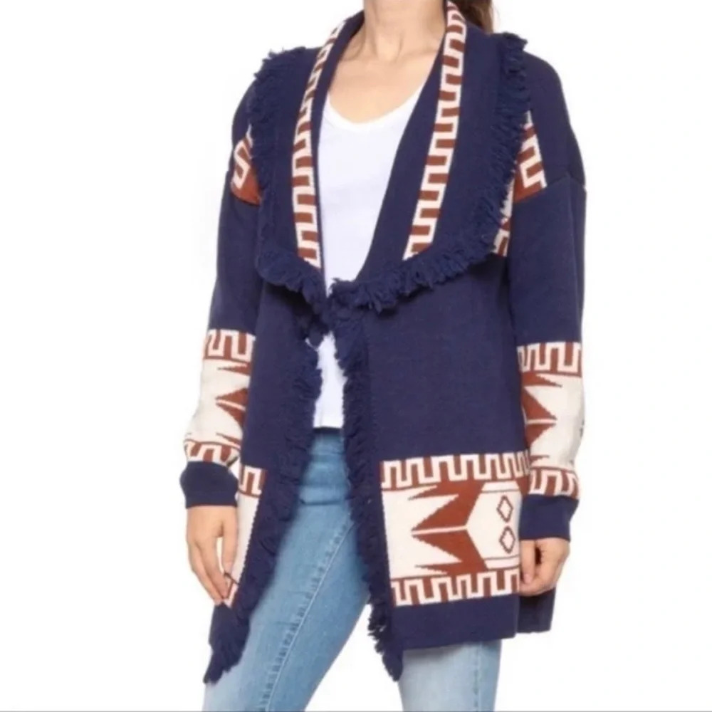 Cocogio Italian Aztec Print Open Fringe Cardigan Size S